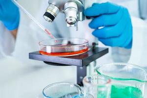 Asian scientist biochemist or microbiologist working research with a microscope in laboratory. For protect outbreak Coronavirus Covid19, bacteria and germs. photo