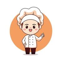 Cute male bakery chef with pointing finger cartoon manga chibi mascot logo character vector