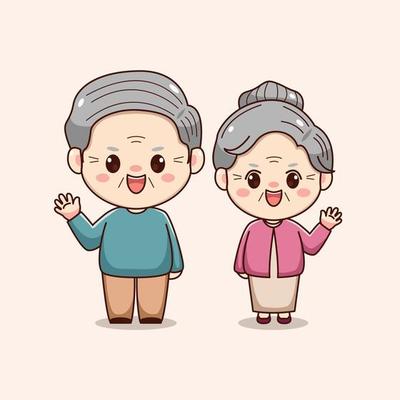 Cute happy grandparent waving hand kawaii chibi character design valentines day couple