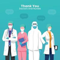 Thank you doctors and nurses. Thank you brave healthcare workers. Doctor is a hero. Medical personnel team for fighting the coronavirus. Eps10 vector illustration.