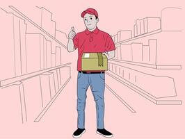 A package worker raises his right thumb while carrying a package in his left hand vector