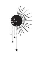 Black full Moon and Sun with stars Icon, Boho Witch and Magic symbol. mystic art sign, black tattoo emblem. Vector illustration isolated on white background, Flat style, graphic, web design, logo