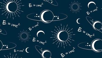 Space vector seamless pattern with physical speed of light formula E MC2. Moon, sun, stars, orbits, Planes. Magic pagan Wicca symbol. Vector Alchemy, esoteric, occultism, navy blue background