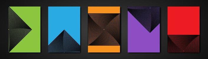 Minimal covers set. Future geometric design. Op Art squares in colorful with diagonal lines making an optical illusion of pyramids or tunnel, copy space on colors background vector