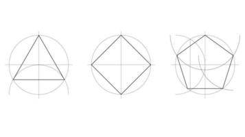 lección de geometría, construcción geométrica técnica de un triángulo equilátero, cuadrado y pentágono, dibujo geométrico de formas bidimensionales en líneas negras, vector aislado en fondo blanco