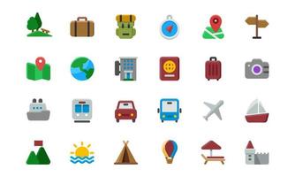 conjunto de iconos planos de viajes y vacaciones. adecuado para el elemento de diseño del sitio web de la empresa de viajes, la aplicación de vacaciones y la información turística. vector