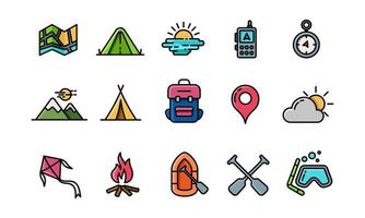 Icon collection of adventure in the wild and outdoor activities. Suitable for design element of campfire, vacation, and adventure icon set. Outdoor lineal color icon set. vector