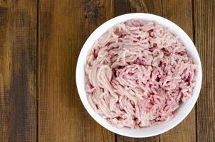 Plate with fresh minced meat, spices for cooking. Studio Photo