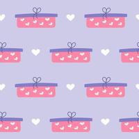Valentines Day, gift in box with hearts, vector seamless pattern