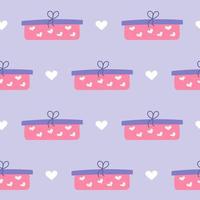 Valentines Day, gift in box with hearts, vector seamless pattern