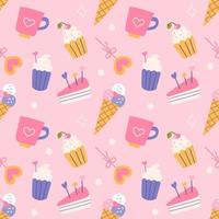Sweets with hearts, cakes, ice cream, lollipops. Vector seamless pattern in flat style
