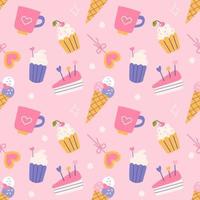 Sweets with hearts, cakes, ice cream, lollipops. Vector seamless pattern in flat style