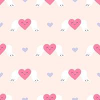 Heart with angel wings, vector seamless pattern in flat style