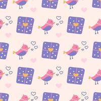 Love bird with hearts and gifts, vector seamless pattern for Valentines Day