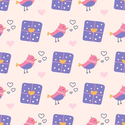 Love bird with hearts and gifts, vector seamless pattern for Valentines Day