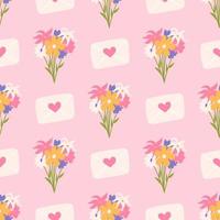 Bouquet of flowers with envelopes for Valentines Day, vector seamless pattern on pink background