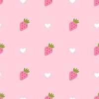 Strawberry and hearts on pink background, vector seamless pattern in flat style