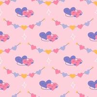 Hearts in an embrace and garland on pink background, vector seamless pattern for Valentines Day