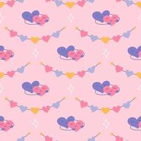 Hearts in an embrace and garland on pink background, vector seamless pattern for Valentines Day