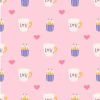 Mug with heart and cupcake with icing, vector seamless pattern for Valentines Day