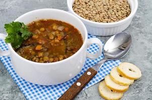 Vegetable soup with lentils in white plate. Studio Photo