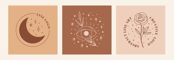 conjunto esotérico boho mystic doodle. cartel de arte de línea mágica con luna, rosa, ojo. ilustración vectorial moderna bohemia vector