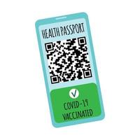 Aplicación móvil de certificado de registro de vacunación covid-19. aplicación de inmunidad de pasaporte de salud para teléfono celular durante la pandemia del virus covid 19. código qr y pasar marca de verificación vacunados. vector aislado