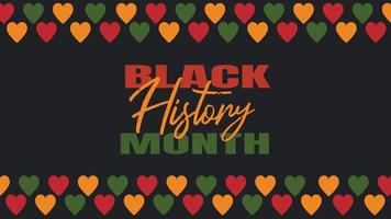 Black History Month - African-American celebration in USA. Vector illustration with text, border pattern with hearts in  traditional African colors - green, red, yellow on black background banner