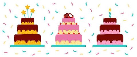 Vector Birthday Cakes set. Three big desserts in a flat style. Three-tiered cake with chocolate cream
