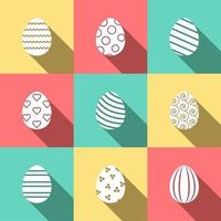 Glyph easter icons set. Vector white eggs collection on the colored background with long shadow. Spring holiday stamps