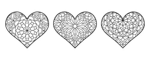 Vector heart shape coloring. Line art geometric and floral ornaments. Valentine's coloring page.