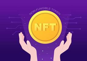 NFT Non Fungible Token Crypto Art of Converting Into Digital Network with Coin Servers for Banner or Poster in Flat Background Illustration vector