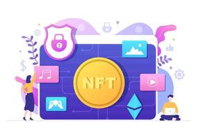 NFT Non Fungible Token Crypto Art of Converting Into Digital Network with Coin Servers for Banner or Poster in Flat Background Illustration vector