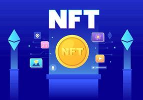 NFT Non Fungible Token Crypto Art of Converting Into Digital Network with Coin Servers for Banner or Poster in Flat Background Illustration vector