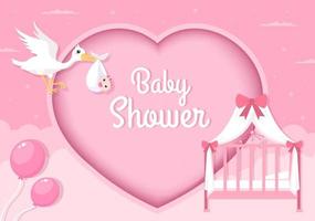 baby shower niño o niña con lindo diseño cigüeña, ilustración de fondo de nube para invitación y tarjeta de felicitación vector