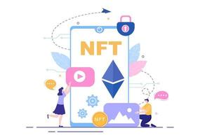 NFT Non Fungible Token Crypto Art of Converting Into Digital Network with Coin Servers for Banner or Poster in Flat Background Illustration vector