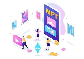 NFT Non Fungible Token Crypto Art of Converting Into Digital Network with Coin Servers for Banner or Poster in Flat Background Illustration vector