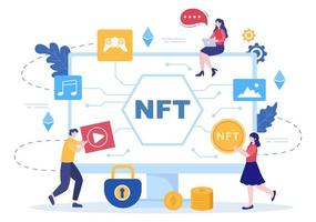 NFT Non Fungible Token Crypto Art of Converting Into Digital Network with Coin Servers for Banner or Poster in Flat Background Illustration vector