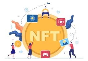 NFT Non Fungible Token Crypto Art of Converting Into Digital Network with Coin Servers for Banner or Poster in Flat Background Illustration vector