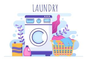 Laundry with Wash and Drying Machines in Flat Background Illustration. Dirty Cloth Lying in Basket and Women are Washing Clothes for Banner or Poster vector