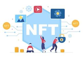 NFT Non Fungible Token Crypto Art of Converting Into Digital Network with Coin Servers for Banner or Poster in Flat Background Illustration vector