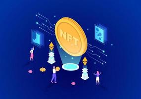 NFT Non Fungible Token Crypto Art of Converting Into Digital Network with Coin Servers for Banner or Poster in Flat Background Illustration vector