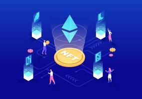 NFT Non Fungible Token Crypto Art of Converting Into Digital Network with Coin Servers for Banner or Poster in Flat Background Illustration vector