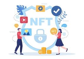 NFT Non Fungible Token Crypto Art of Converting Into Digital Network with Coin Servers for Banner or Poster in Flat Background Illustration vector