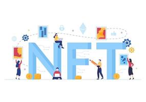 NFT Non Fungible Token Crypto Art of Converting Into Digital Network with Coin Servers for Banner or Poster in Flat Background Illustration vector