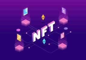 nft token no fungible crypto art de convertir en red digital con servidores de monedas para pancarta o póster en ilustración de fondo plano vector