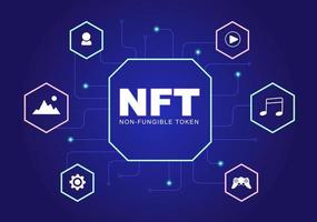 NFT Non Fungible Token Crypto Art of Converting Into Digital Network with Coin Servers for Banner or Poster in Flat Background Illustration vector