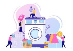 Laundry with Wash and Drying Machines in Flat Background Illustration. Dirty Cloth Lying in Basket and Women are Washing Clothes for Banner or Poster vector