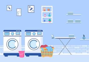 Laundry with Wash and Drying Machines in Flat Background Illustration. Dirty Cloth Lying in Basket and Women are Washing Clothes for Banner or Poster vector