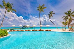 Outdoor tourism landscape. Luxurious beach resort with swimming pool and beach chairs or loungers under umbrellas with palm trees and blue sky. Summer travel and vacation background concept photo